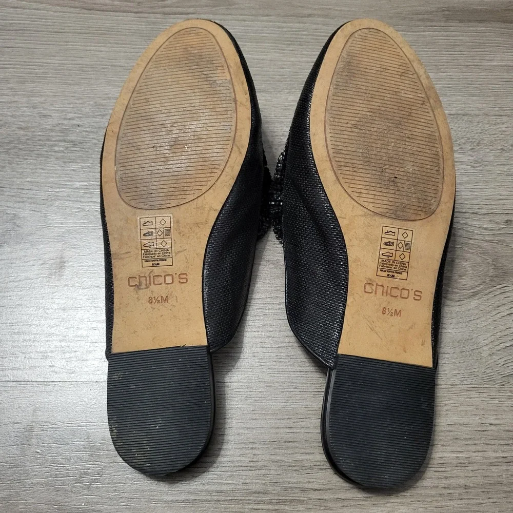 Chicos Raffia Fringe Mules Black Flat Slip On Shoes 8.5 Casual Textured Vacation - Picture 3 of 8
